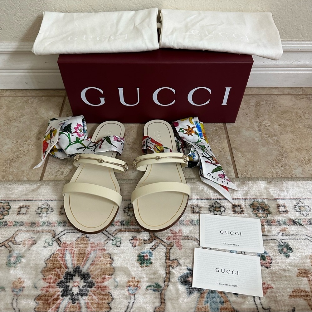 New authentic Gucci silk ankle wrap leather sandals size 37.5 - Picture 2 of 9